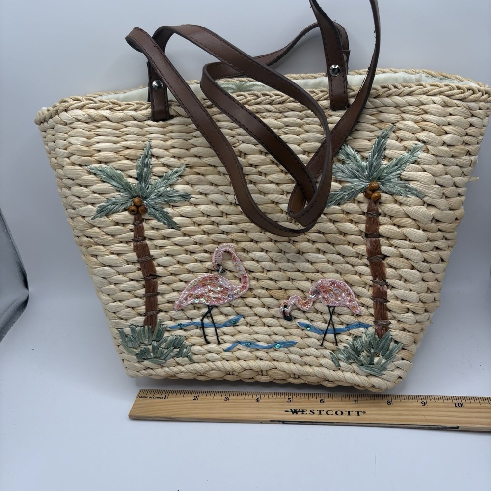 Vintage Capelli Straw Wicker Flamingo Palm Tree Beach Shoulder Bag Purse - Picture 14 of 14